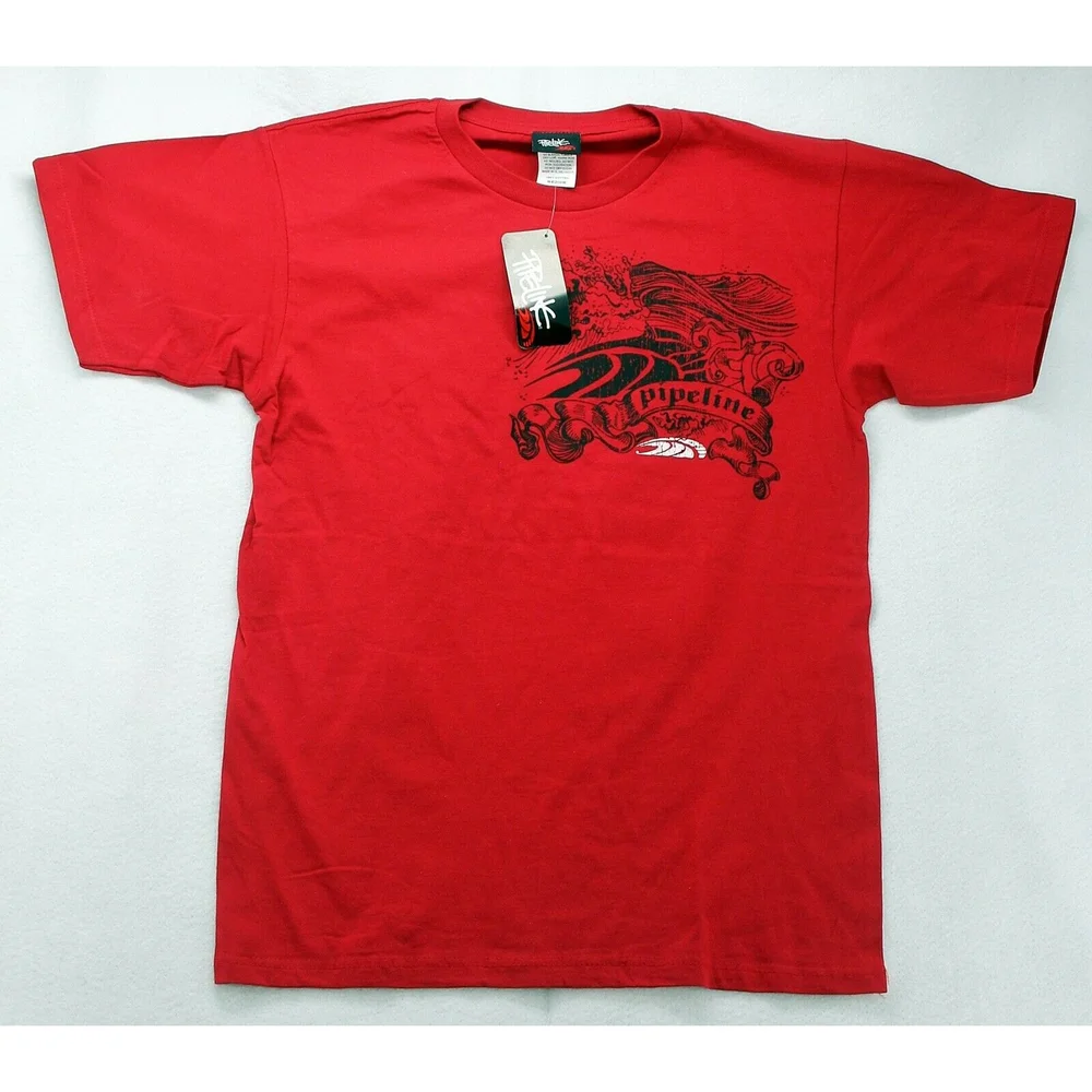 PIPELINE Red Surf Wave Shirt Retro Graphics North Shore Surfing Tee T Cotton - Picture 1 of 7